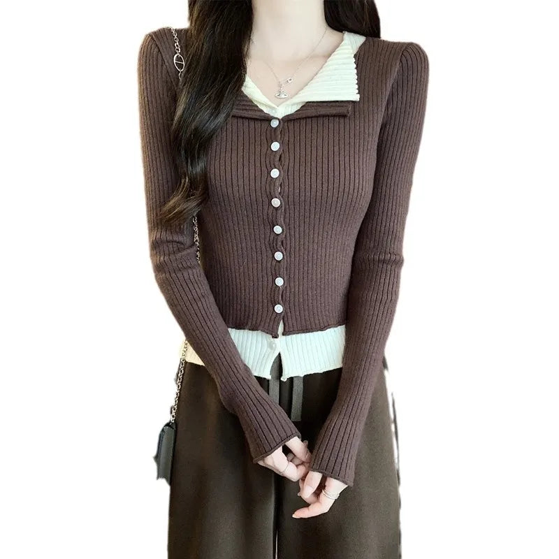 Lunivop V-neck Fake Two Long-sleeved Short Slim Early Autumn Sweaters with Bottoming Shirts in 2025