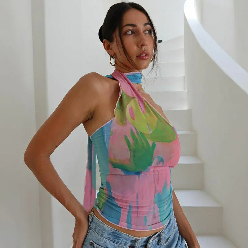 Lunivop Tie Dye Print Halter Cami Tops Y2K Streetwear 2024 New Vacation Outfits Fashion Summer Casual Women Clothing