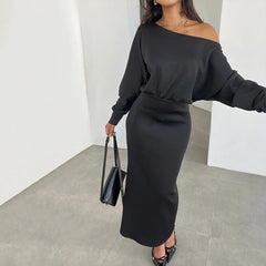 Lunivop  Sexy Skew Collar  Solid Evening Dress Woman Elegant High Waist Pleated Ruched Bodycon Party Club Long Sleeves Irregular Vestidos