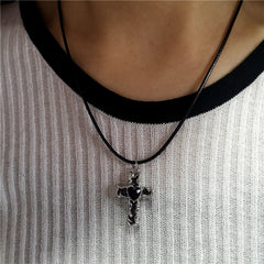 Lunivop New Simple Cross Pendent Necklace Black Leather Rope Fashion Antique Silver Color Alloy Punk Jewelry For Women Men Gift