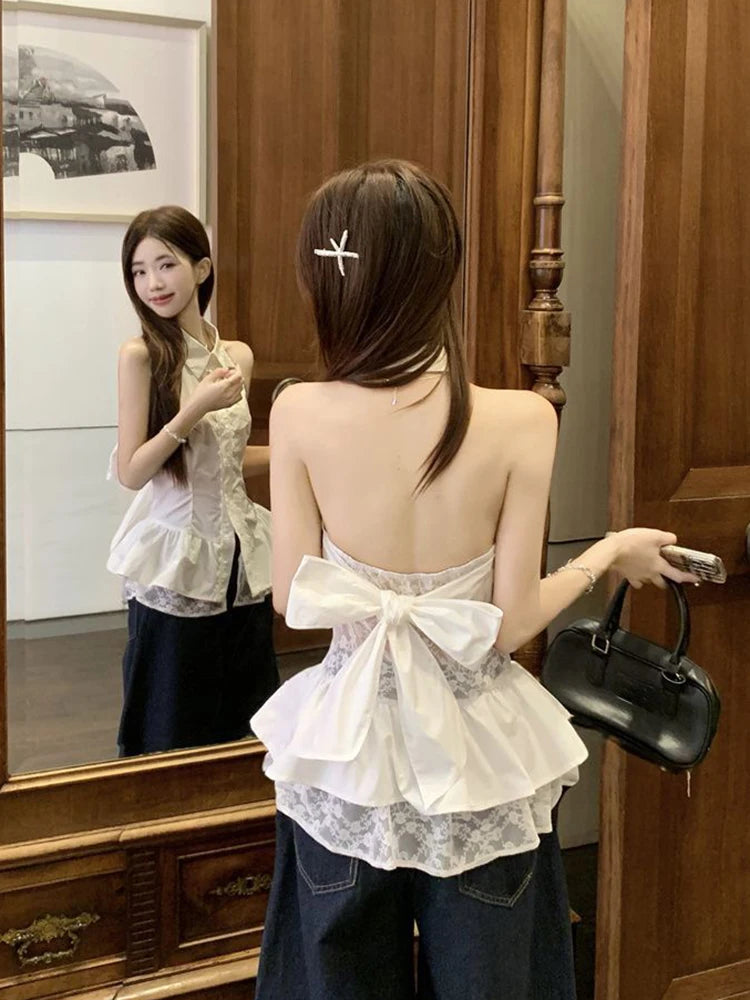 Lunivop  Sexy Backless Bow Shirt Women Sweet Lace Patchwork Slim White Blouse French Vintage Elegant Lady Summer Hollow Out Tops New