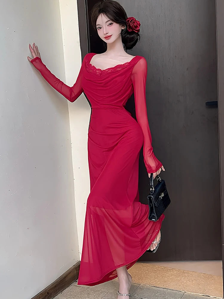 Lunivop  Women Blue Mesh Patchwork Lace Square Collar Long Dress Summer Elegant Casual Dress with Long Sleeve Korean Bodycon Dresses