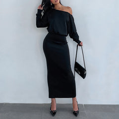 Lunivop  Sexy Skew Collar  Solid Evening Dress Woman Elegant High Waist Pleated Ruched Bodycon Party Club Long Sleeves Irregular Vestidos