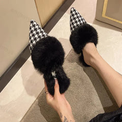 Lunivop New Winter Warm Fur Plush Women Slippers Fashion Furry Plaid Shoes Pointed Toe Flat Heel Hair Slides Zapatos De Mujer