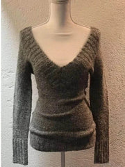 Lunivop  Casual All-match V-neck Gray Knitted Pullover Autumn New Bottoming Tops Women Y2k Slim Fit Long Sleeve Sweaters Mujer