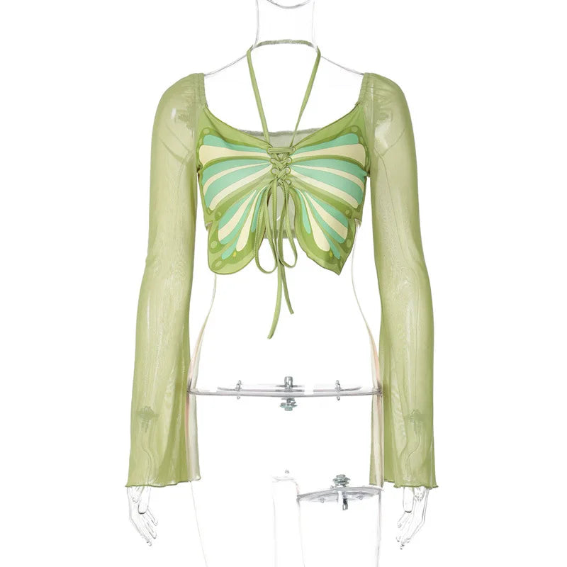 Lunivop Halter Butterfly Print Long Sleeve High Waist Crop Top Tshirts Summer Y2K Streetwear 2024 Fashion Casual Clothes