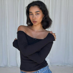 Lunivop Knit Rib Off The Shoulder Long Sleeve High Waist Tank Crop Top T-Shirts Fall Winter Y2K Casual Clothing