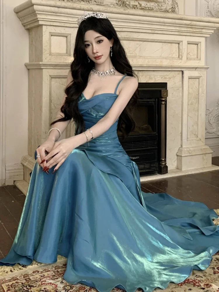 Lunivop  Elegant Solid Party Dress for Women Sexy Spaghetti Strap Sleeveless Evening Dresses Summer Spring Slim Waist Vestidos Long Robe