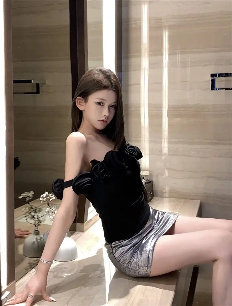 Lunivop  Sexy Camis Women Flowers Off Shoulder Slim Backless Sexy Slash Neck Crop Tank Tops Solid Female Sweet Fashion Casual