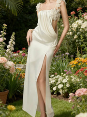 Lunivop  Elegant Square Collar Flowers Sleeveless Ruched Straight Bride Wedding Dresses Bridal Gowns Customized