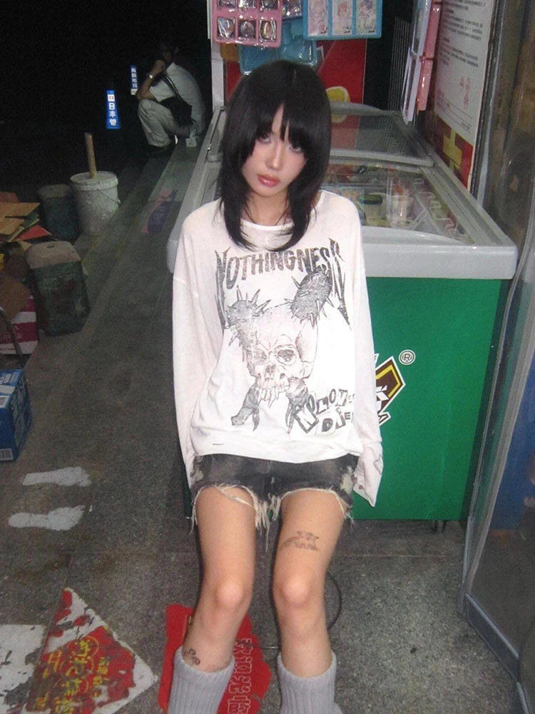Lunivop Y2k Japanese T-shirt Women Broke Hole Loose Casual Tshirt Print Graphic Tops American Retro Grunge Tops Streetwear Tee