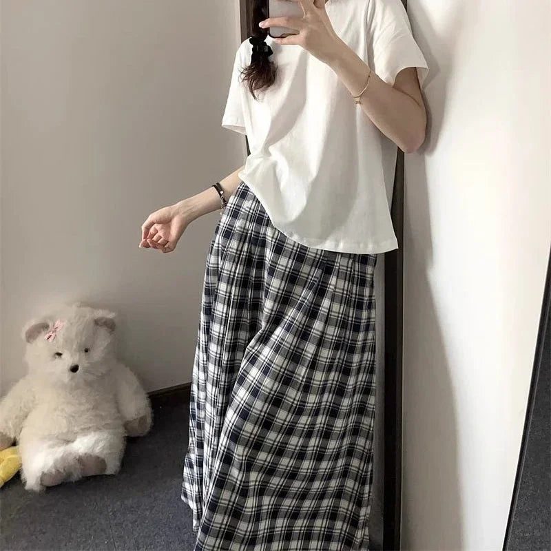 Lunivop Plaid Long Skirt Women Vintage Ruffle Kawaii Midi Skirt Preppy Style Korean Fashion Loose Casual A-line Retro Skirts