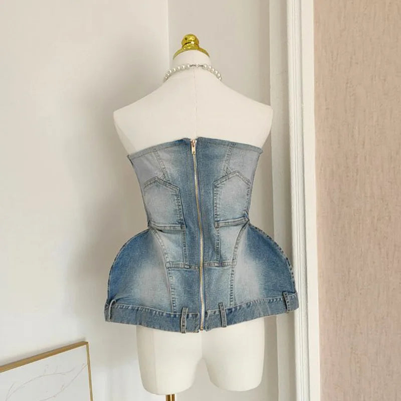 Lunivop  Fashion Top For Womne Denim Fabric Zipper Slash Neck Sleeveless Female Party 2025 Summer Clothes New Tide