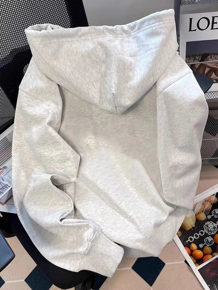 Lunivop Cartoon Print Cute Hoodies Women Vintage Long Sleeve Loose Kawaii Sweatshirt Japan Retro Casual Pockets Female Gray Y2K Tops New