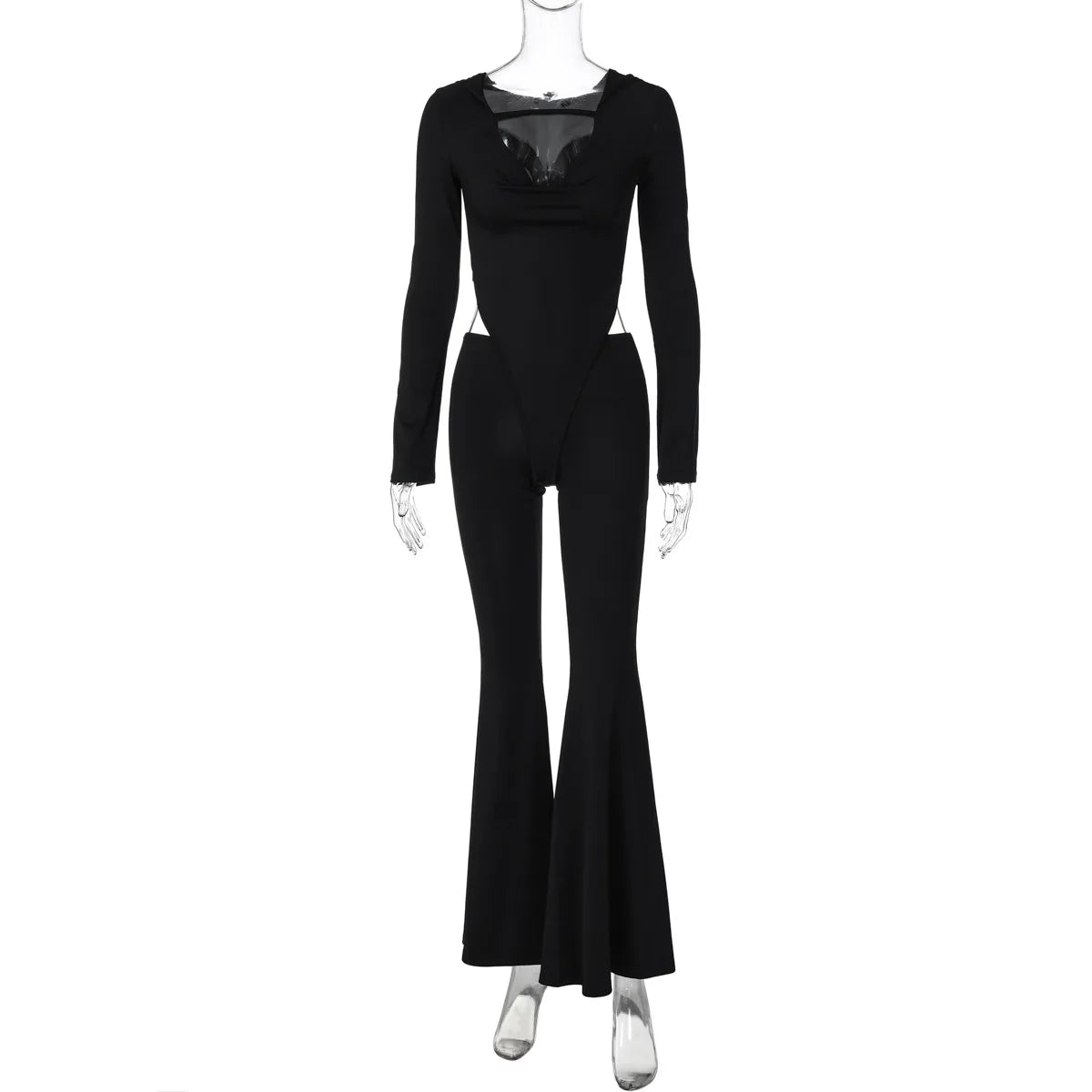 Lunivop Hooded Long Sleeve Hollow Out Backless Long Flare Pant One Piece Jumpsuit Fit Elegant Evening Leggings Casual Clothes