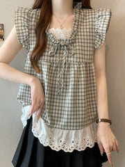 Lunivop  Lace Patchwork Plaid Shirt Women Casual Loose Flying Sleeve Vintage Blouse Preppy Style Sweet Korean Lady Retro Summer Tops