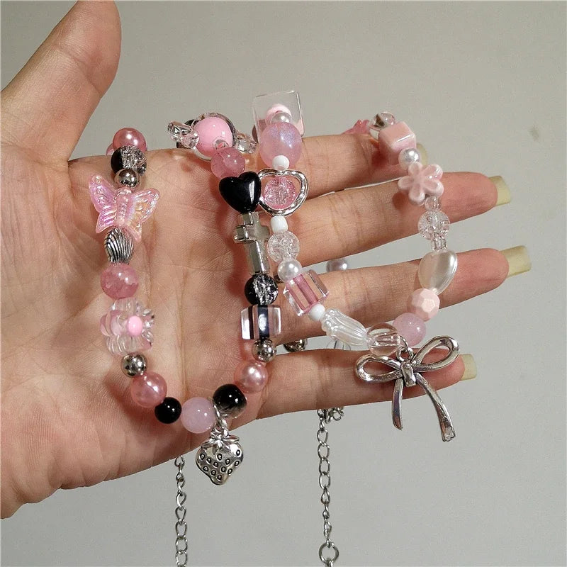 Lunivop Gothic Cute Charms Bow Cross Heart Wings Pendant Pink Beaded Choker Necklace Girl Y2K EMO 2000s Jewelry Accessories