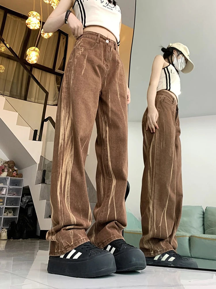 Lunivop  Tie Dye Retro Brown Jeans Women High Waist Streetwear Y2K Denim Pants American Loose Casual Lady Vintage Harajuku Trousers