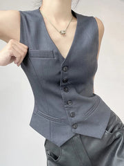 Lunivop  Elegant Slim Suit Tanks Women Casual Vintage V Neck Sexy Tops Vest Korean Sleeveless Single Breasted Retro Lady Gray Tanks