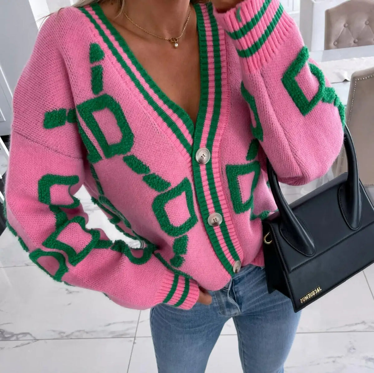 Lunivop  Woman Long Sleeve Sweater Short Loose Knitwear Jumper Autumn Winter V neck Striped Geometric Knitted Cardigan Vintage