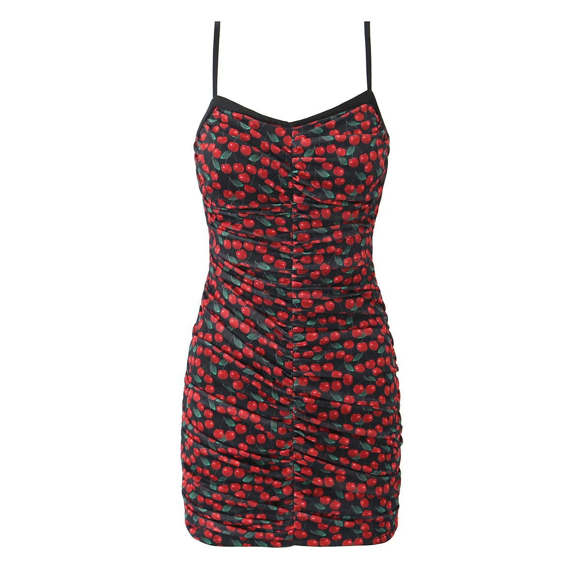 Lunivop   Sexy Black With Red Cherry Print Sling Dress Women Folded Skinny Slim Waist Package Hips Backless Hem Mini Dresses Robe
