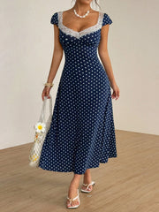 Lunivop  Navy Blue Polka Dot Lace Trim V-Neck Puff Sleeve A-Line Midi Dress