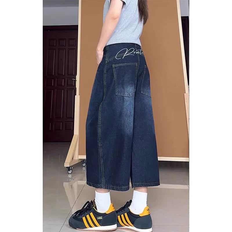 Lunivop  Loose High Waist Wide Leg Seven-Foot American Retro Denim Jeans Women's plus Size Spring Slim Straight Knife Middle Pants