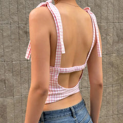 Lunivop  Sweet Girl Summer Fashion Vacation Style Tank Tops Y2k Fashion Plaid V Neck Sleeveless Sext Backless Camisoel Korean Tops