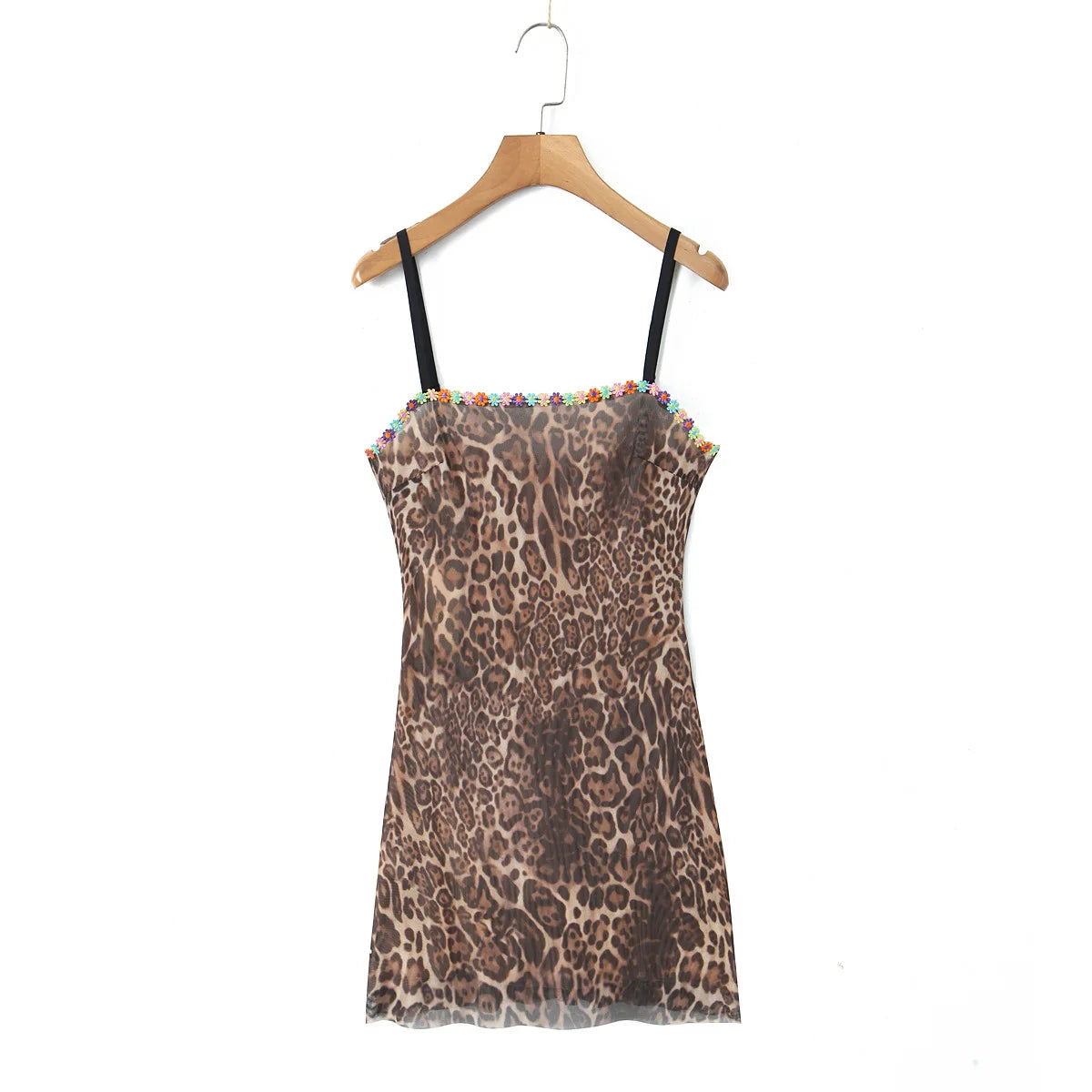 Lunivop  Sexy Leopard Print Mesh Sling Dress Women Spliced Flower Lace Skinny Slim Package Hips Backless Mini Robe Femme Vestidos