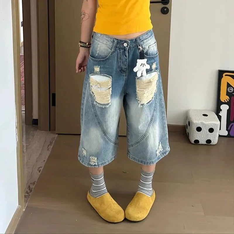 Lunivop  Europe America Low-Waisted Y2K Jeans Female Vintage Ripped Loose Denim Mid-Length Pants High Street Trend Wide-Leg Jean Pants