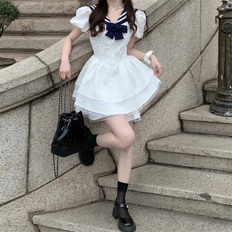 Lunivop  Women's White Sailor Collar Navy Bow Dresses Bubble Sleeve Tiered Ruffle Short Dress Sweet Casual Cute Style Dress
