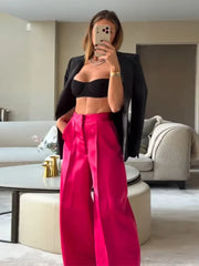 Lunivop  Lustrous Satin Wide-Leg Pants Hot Pink Oversize Pleated Spring Fashion Women Bottoms Chic Tailored Date Party Lady Trousers