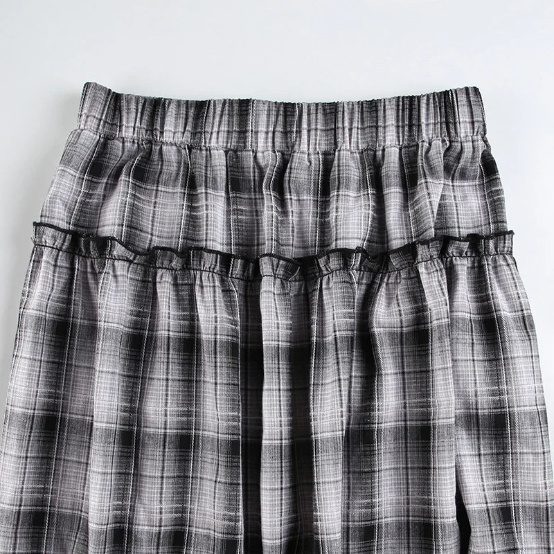 Lunivop Streetwear Contrast Color Plaid Sexy A-line Skirt Women 2024 Autumn New Korean Pleated Loose All Match Mid-length Skirt