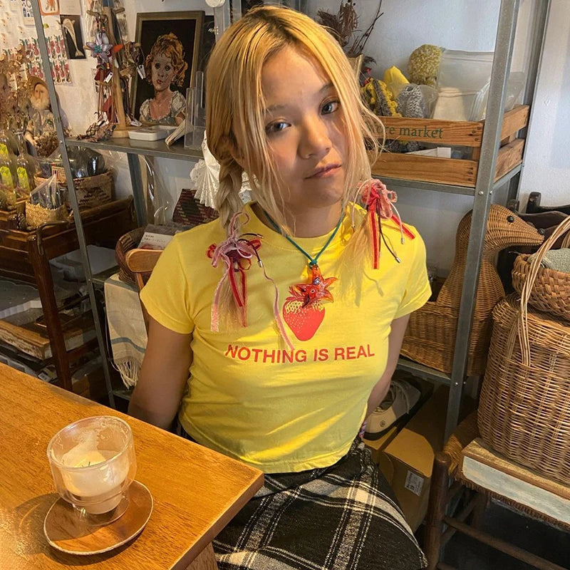 Lunivop Harajuku Women T-Shirt Korean Fashion Strawberry Print Grunge Vintage Yellow Short Sleeve T-shirt Female Slim Short Top Baby Tee