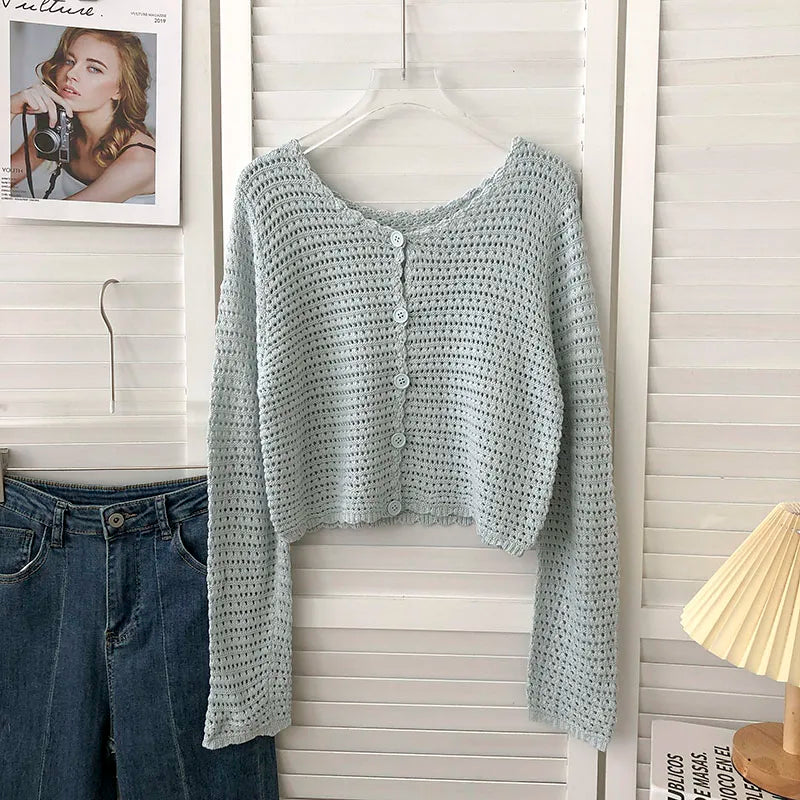 Lunivop Crochet Cardigan for Women Sheer Openwork Knit Long Sleeve Button Up Crop Top Teen-girl Shrug Cardigan Autumn Spring Y2K Outfit