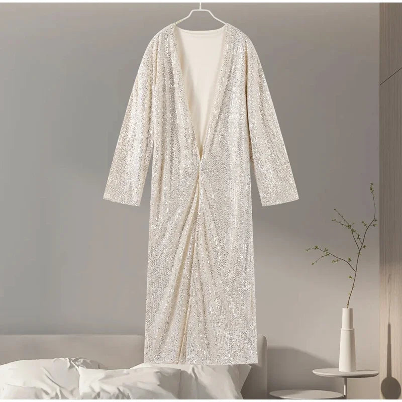 Lunivop  Luxury Women's Sequin Maxi Coat Oversized Open Front Long Sleeve Sparkly Outerwears For Woman Chic Casual Loose Fit Lady Outfit