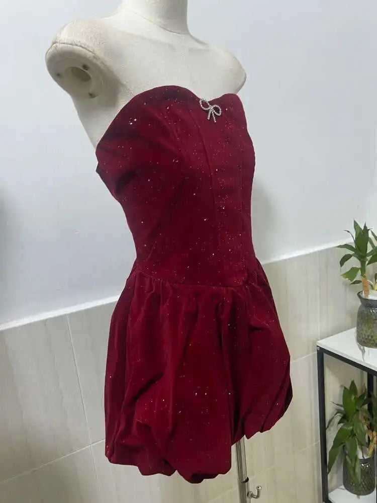 Lunivop  French Women's Velvet Lace-up Dresses Strapless High Waist Sleeveless Slim Elegant Dress Female Autumn 2025 New