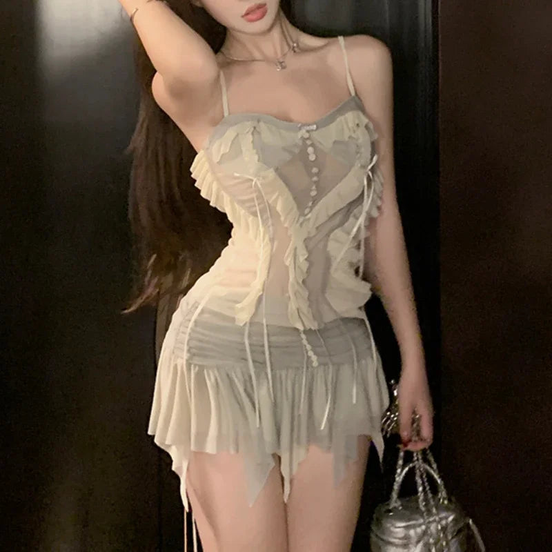 Lunivop Summer New High Street Pleated Lace-up Mesh Irregular Mini Skirt Women + Patchwork Sexy Slim Camisole Two-piece Suit