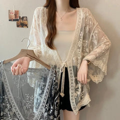 Lunivop Fashion Lace Sun Protection T Shirt Women's V Neck Long Sleeve Open Stitch Tops 2025 Summer New Tide