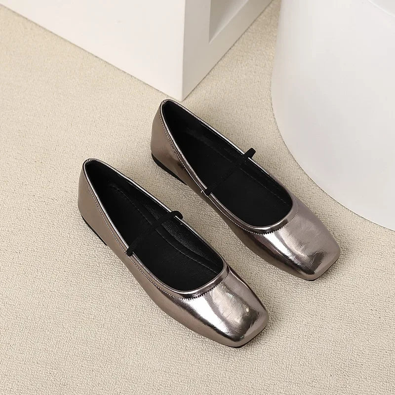 Lunivop New Women Mary Janes Soft Sole Flats Ladies Retro Square Toe Silver Gold Party Leather Loafers Elegant Slip-on Ballet Shoes