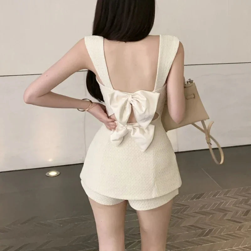 Lunivop Summer New Streetwear Hollow Backless Bow Splicing Sexy Tweed Camisole Women + Solid Color Casual Shorts Two-piece Suit