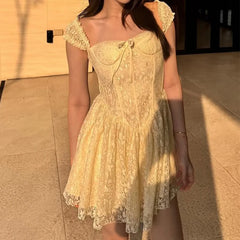 Lunivop  Summer Women Sexy Off Shoulder Short Sleeve Lace Mini Dresses Party Robe