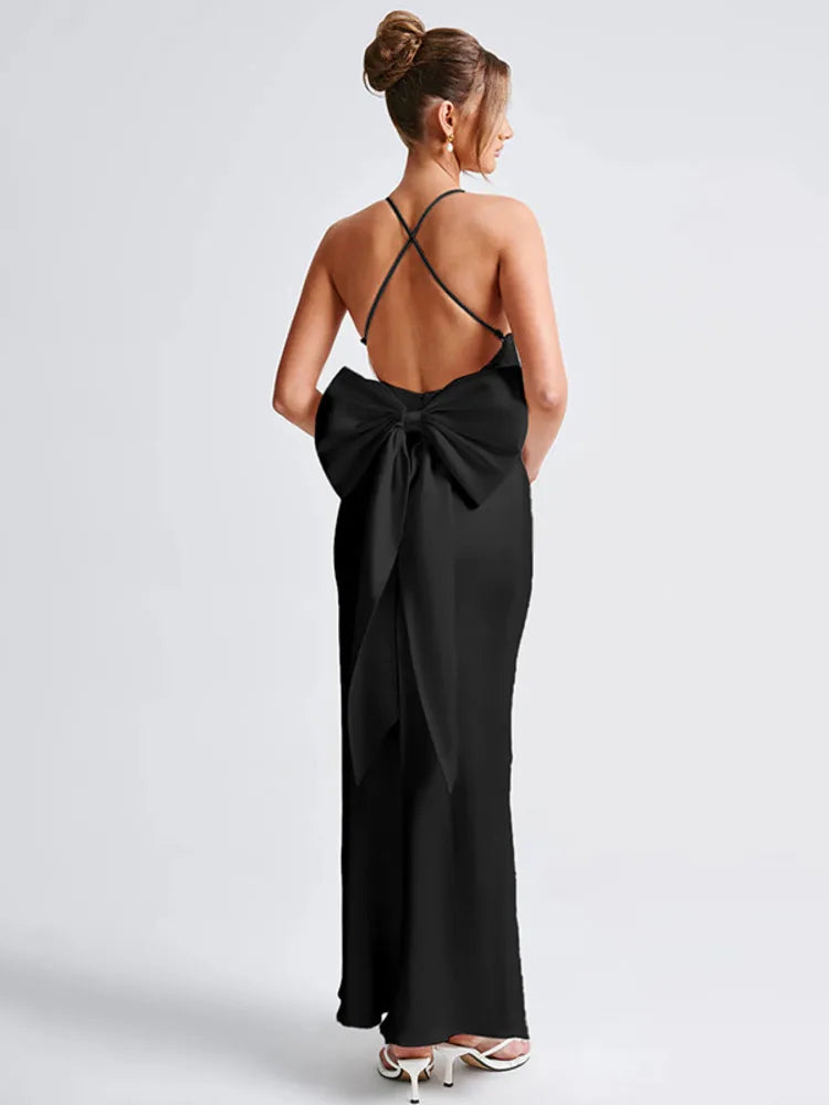 Lunivop Bow Backless Sexy Maxi Dress For Women Satin Spaghetti Strap V Neck Sleeveless Sexy Club Party Long Dress Elegant