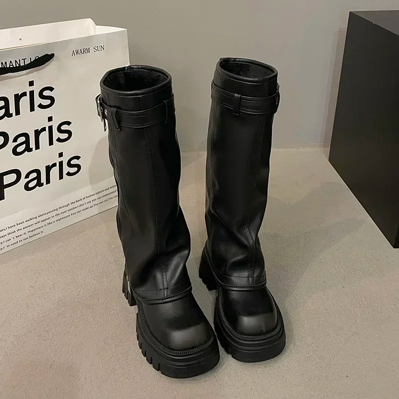 Lunivop  Winter Women Biker Boots Fashion Belt Buckle Ladies Elegant Platform Long Pipe Booties Casual Women's Knee High Booties