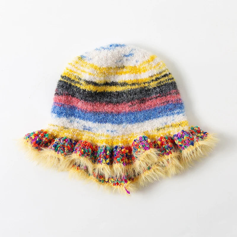 Lunivop Rainbow Knitted Hat Dopamine Fashion Retro Gradient Contrast Plush Ruffle Warmth Striped Oil Painting Woolen Fisherman Cap Decor