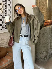 Lunivop  Casual Soft Martini Green Bomber Jackets Women Long Lantern Sleeve Oversized Autumn Winter Coats Fashion Outwears