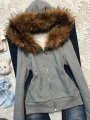 Lunivop  Women's Retro Fur Collar Hoodie Women Clothing Design Autumn and Winter Short Fit Slim Fit and Slimming Jacket Hooded Sweatshirt