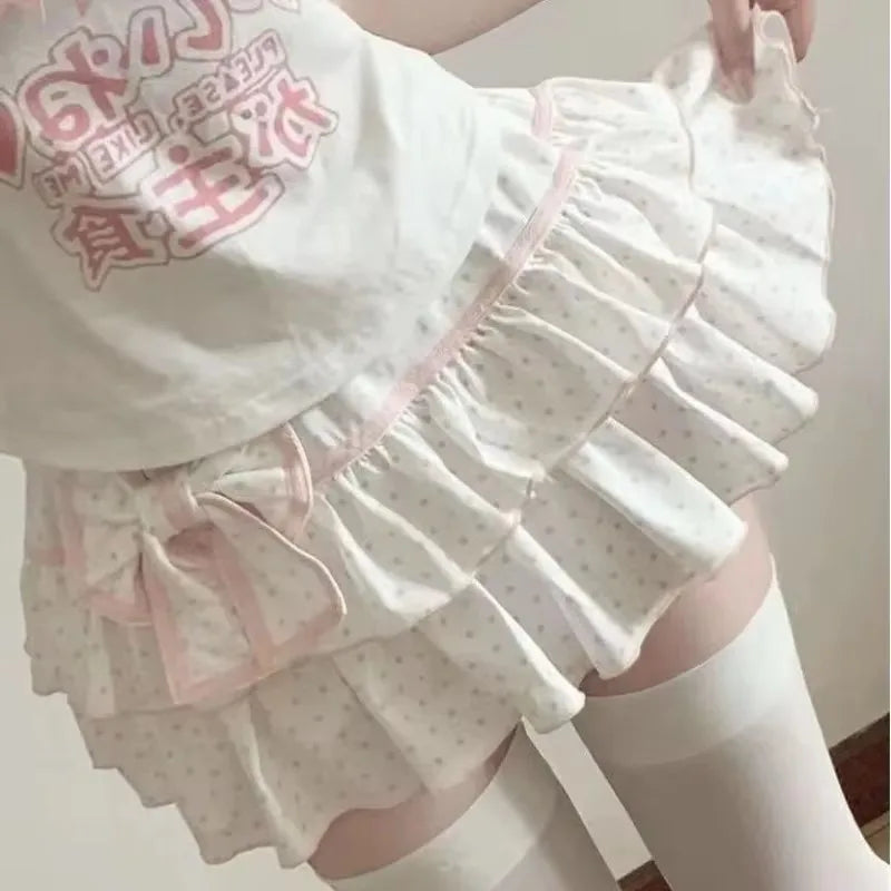 Lunivop  Deeptown Harajuku Y2k Lolita Mini Skirt Women Bow Japanese Style Kawaii Pleated Skirts Sweet Dot Ruffles Cake Layered Skirts