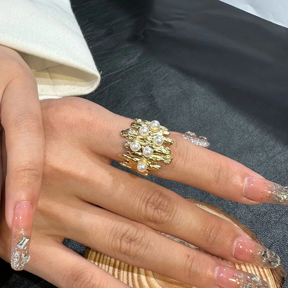 Lunivop New Fashion Geometric Irregular Stainless Steel Pearl Rings for Women Retro Versatile Open Adjustable Rings Party Jewelry Gift