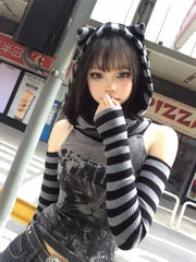 Lunivop Japanese Striped Patchwork Hoodie for Women Gothic Retro Cat Print Hollow Slimming Pullover Harajuku Style Dark Punk Top